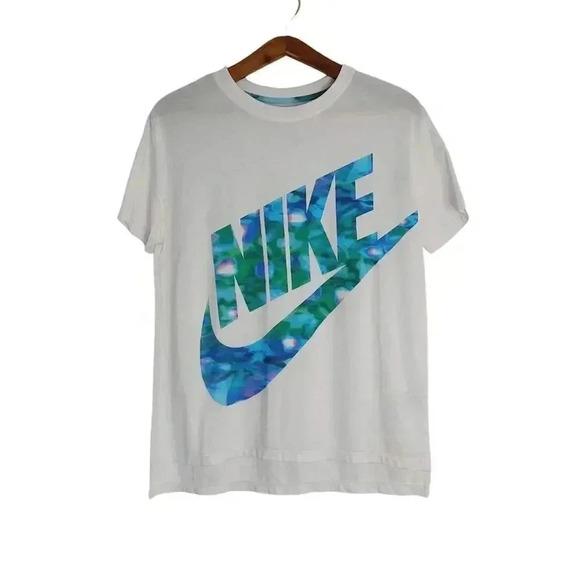 Nike White Blue Green Watercolor Logo Crewneck Tee Athleisure Women's Size L - Picture 1 of 6